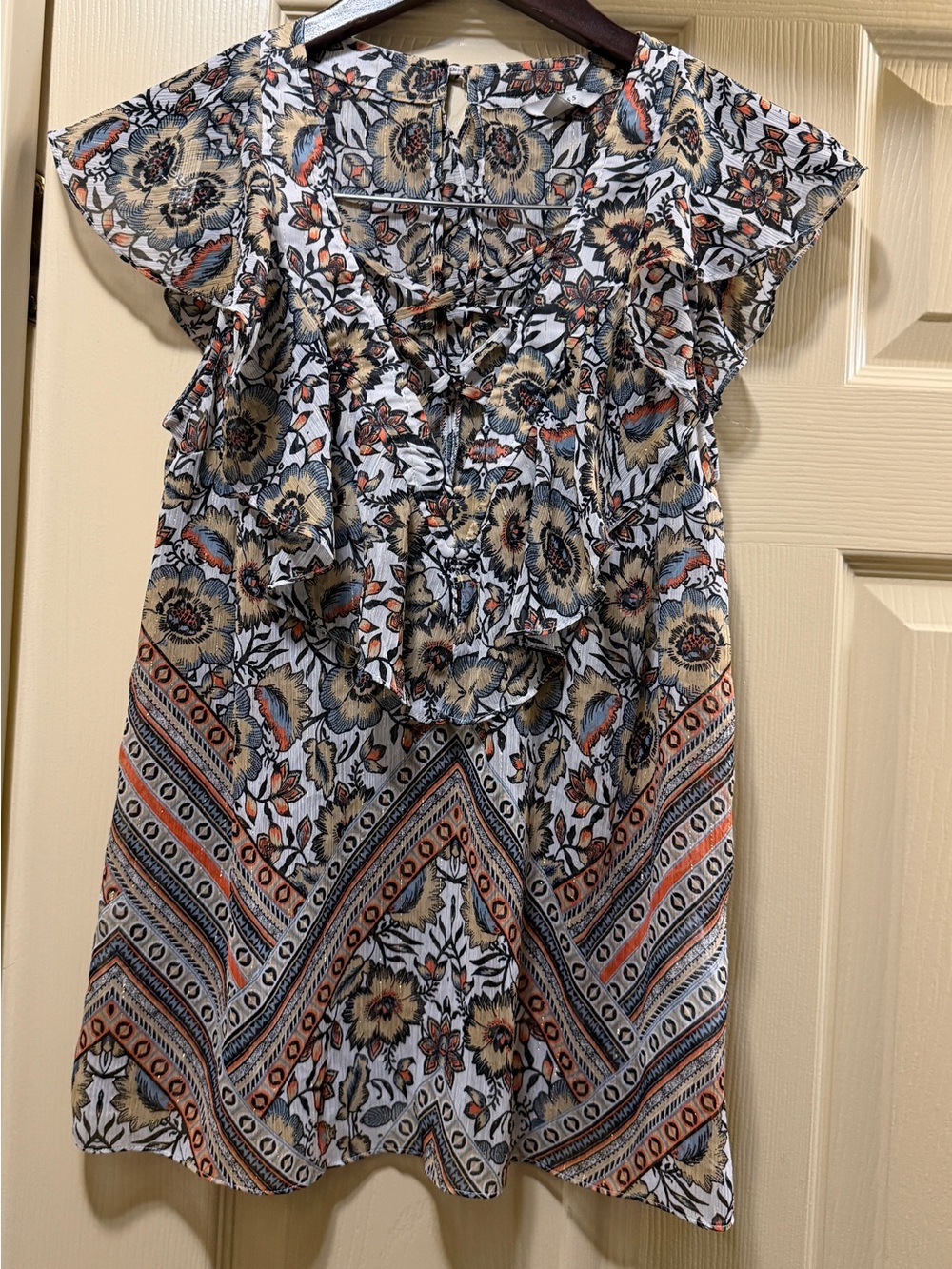 GUESS Women’s Small Floral Boho Ruffle Blouse Flutter Sleeve Multicolor